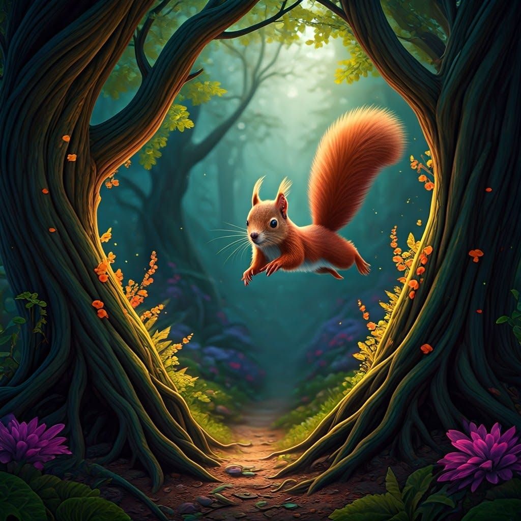 A cute red baby squirrel hopping