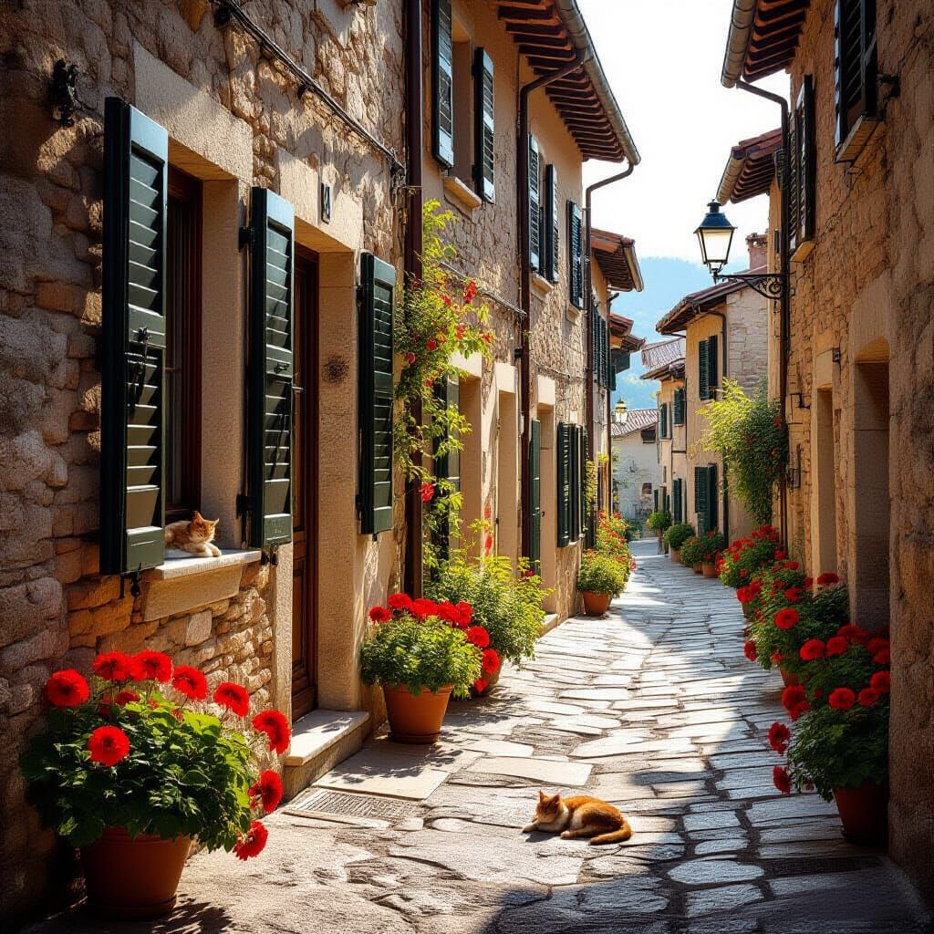 Sun-Drenched Tuscan Village Street at High Noon