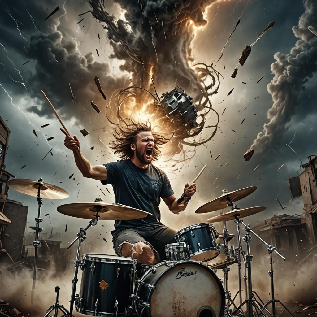 Drummer Plays Heavy Metal in Tornado: Oil Painting