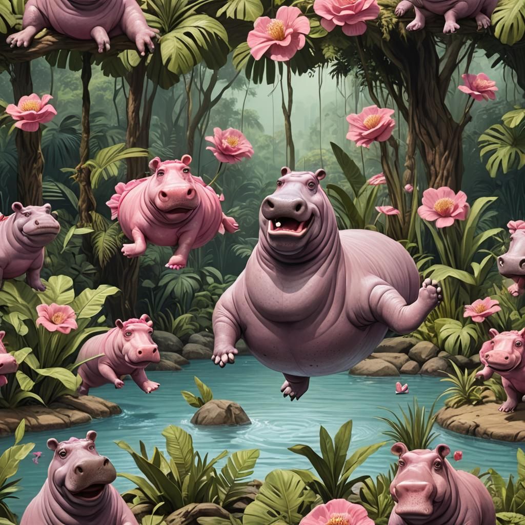 Create an image of a swimming hole in the jungle for anthropomorphic animals. A funny, goofy caricature of a female hipp...