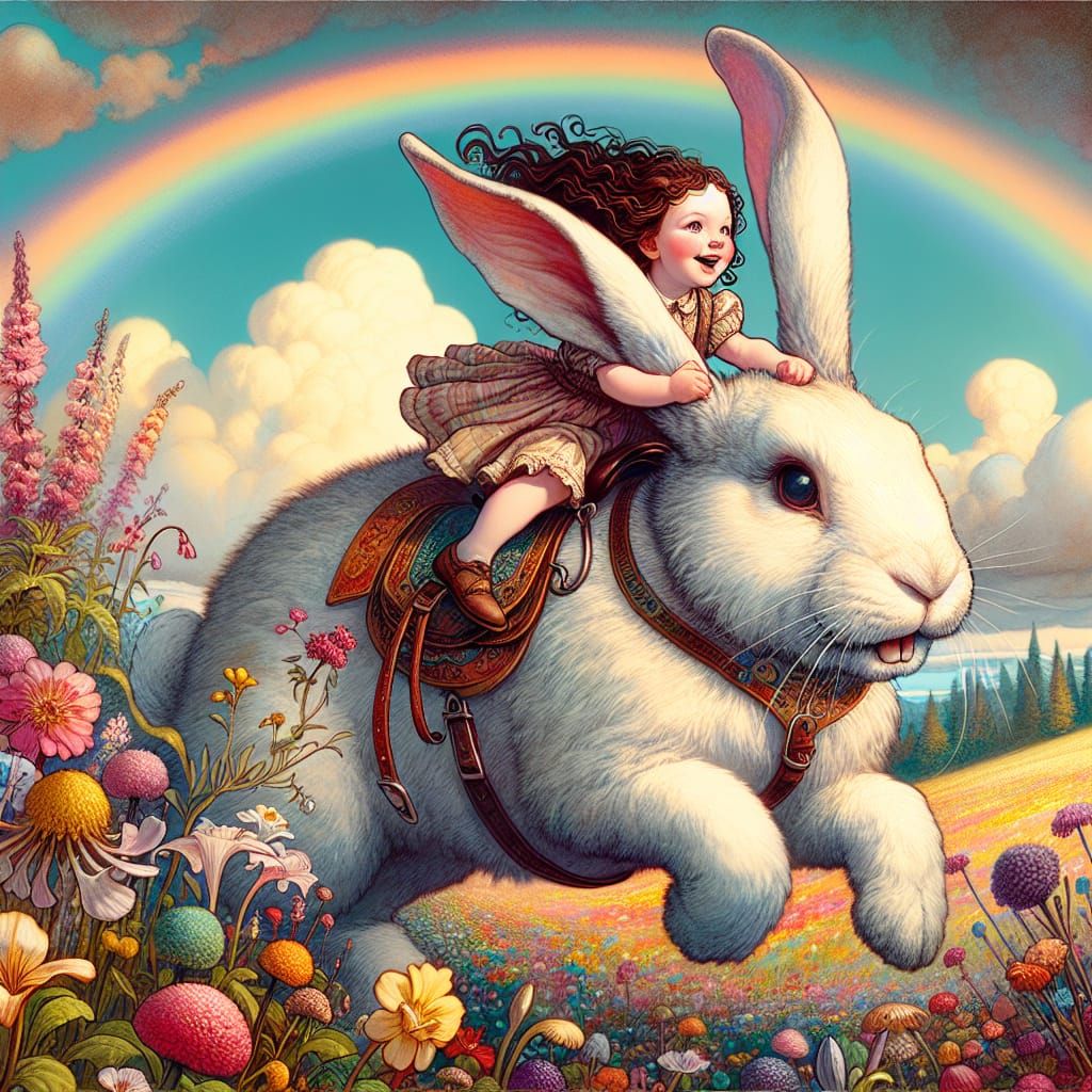 Girl Rides Giant Bunny in Cartoon Landscape