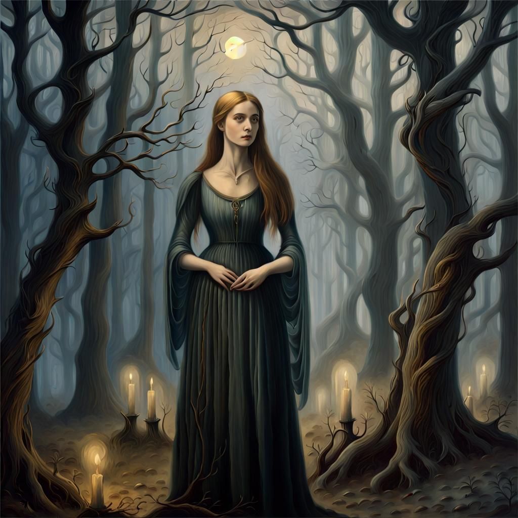 Eerie Woman in Misty Forest: A Gothic Oil Painting