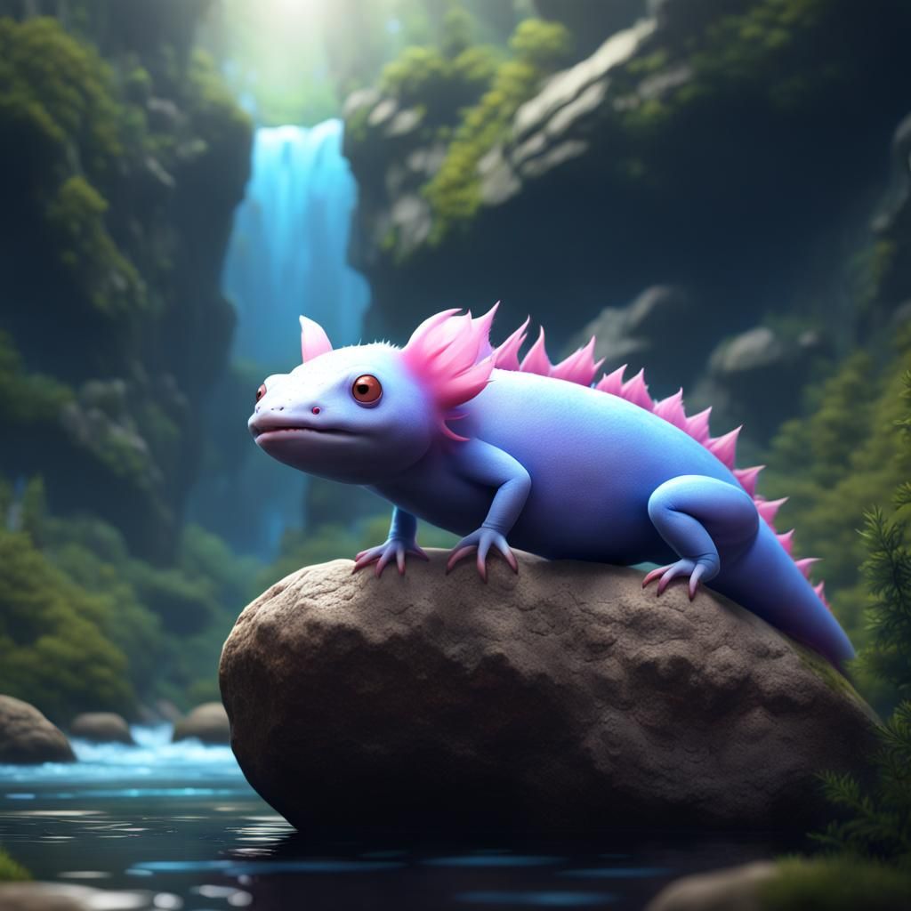 Blue Axolotl in Fantasy River Landscape