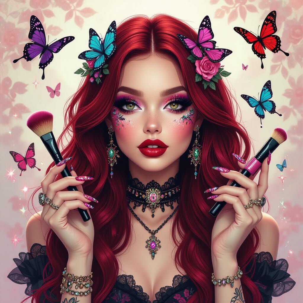 Girl with Red Hair and Glitter Makeup, Digital Art