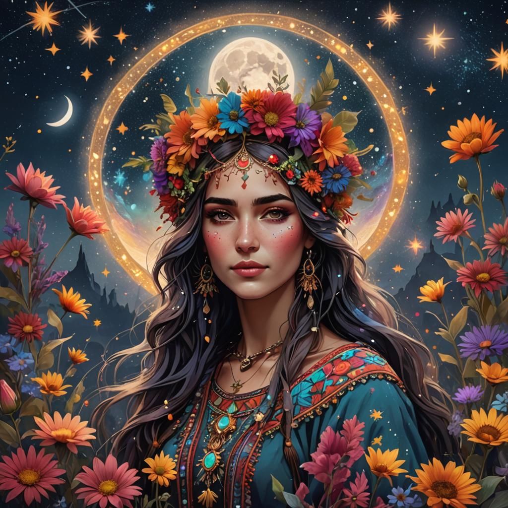 Bohemian Woman with Flowers and Stars, Digital Art