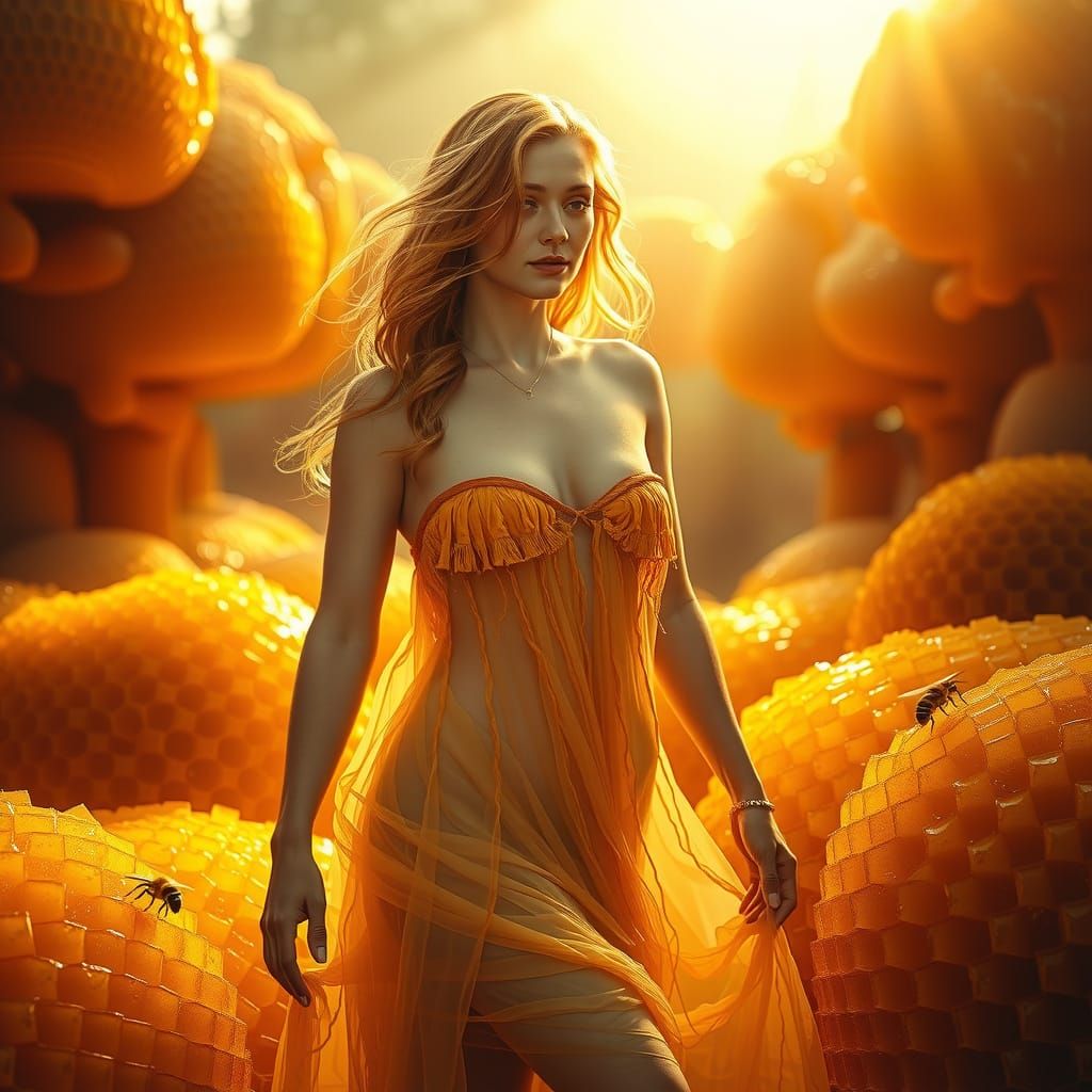 Golden Goddess Amidst Honeycombs