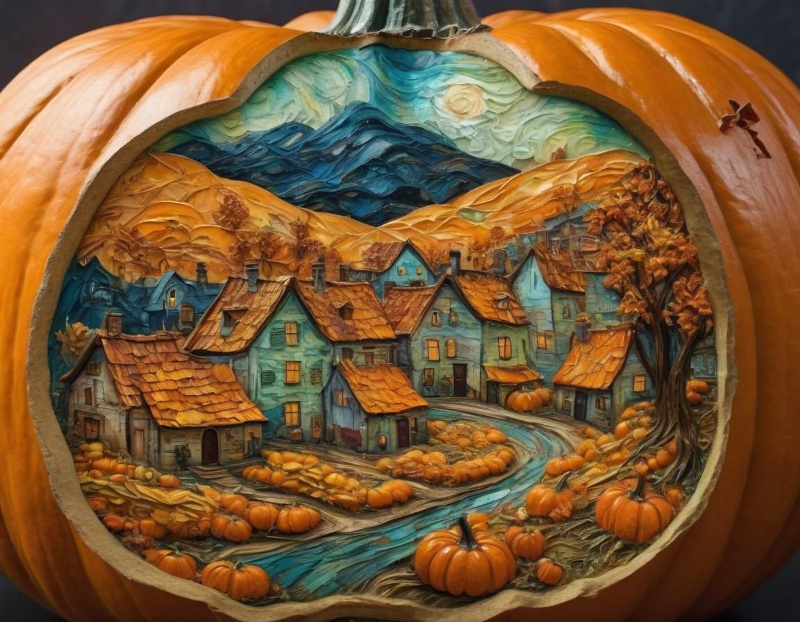 Intricate Pumpkin Carving: A Village Within, as Impasto Pain...