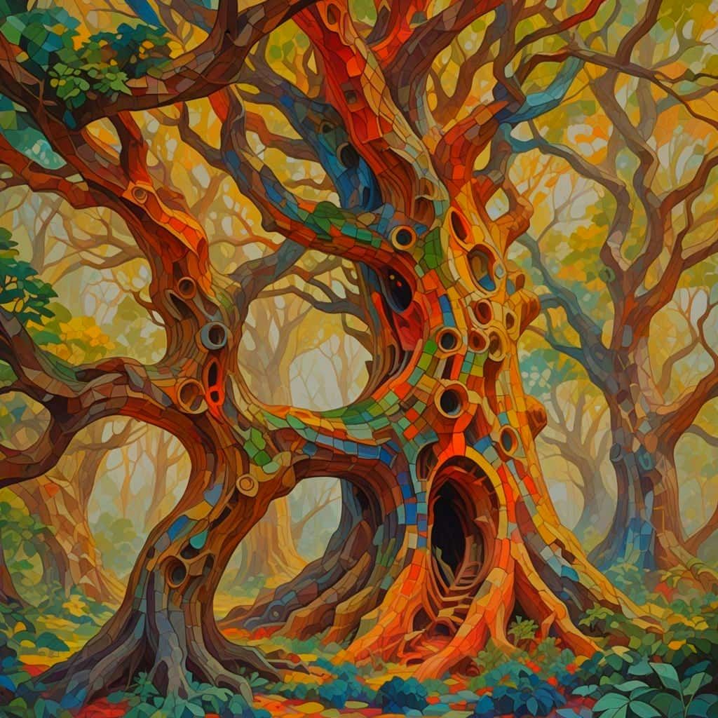 Ancient Forest Icon in Vibrant Cubist Style
