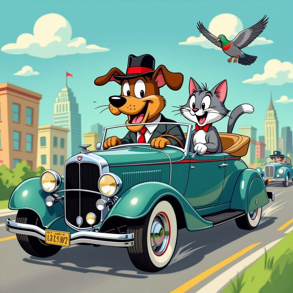 Looney Tunes Gangsters Drive Fast in Classic Car