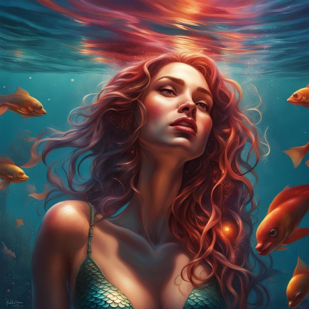 Woman in Love With Mermaid: Hyperrealistic Splash Art