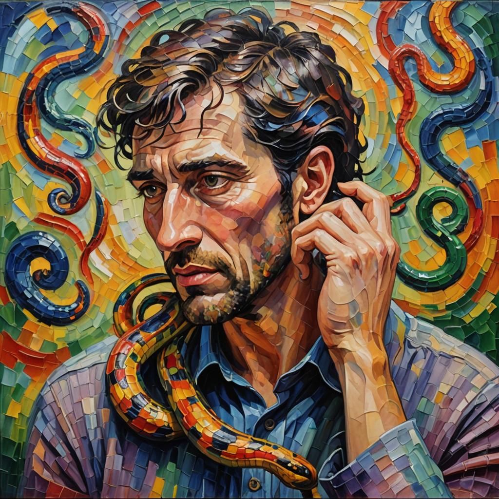 Colorful Serpent Hears No Evil, Expressionist Oil Painting