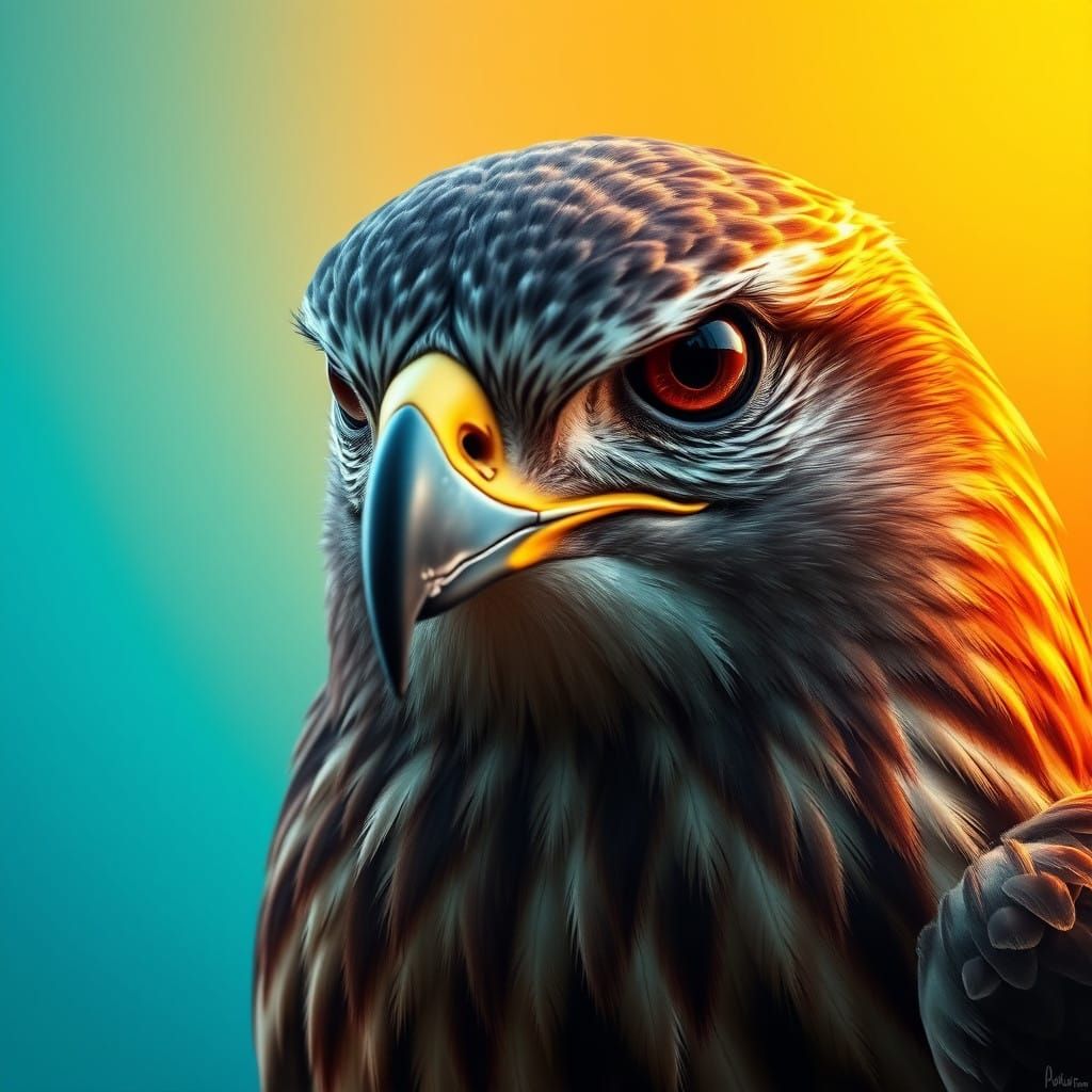 Hyperrealistic Hawk Portrait with Vibrant Gradient Backgroun...