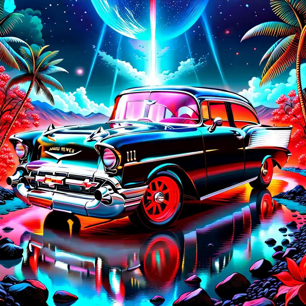 Black 1957 Chevy with Red Wheels in Digital Art