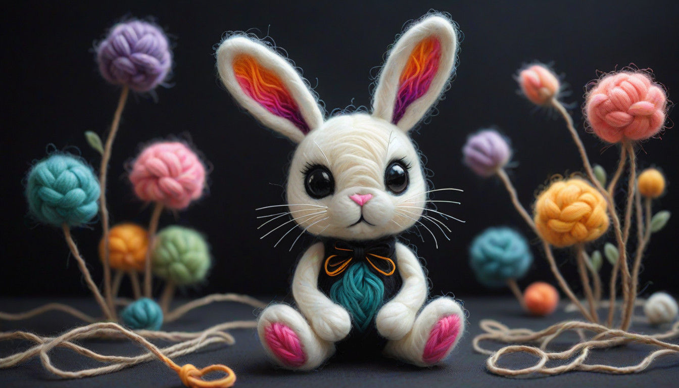 Vibrant Felted Wool Bunny in Dreamy Ethereal Background