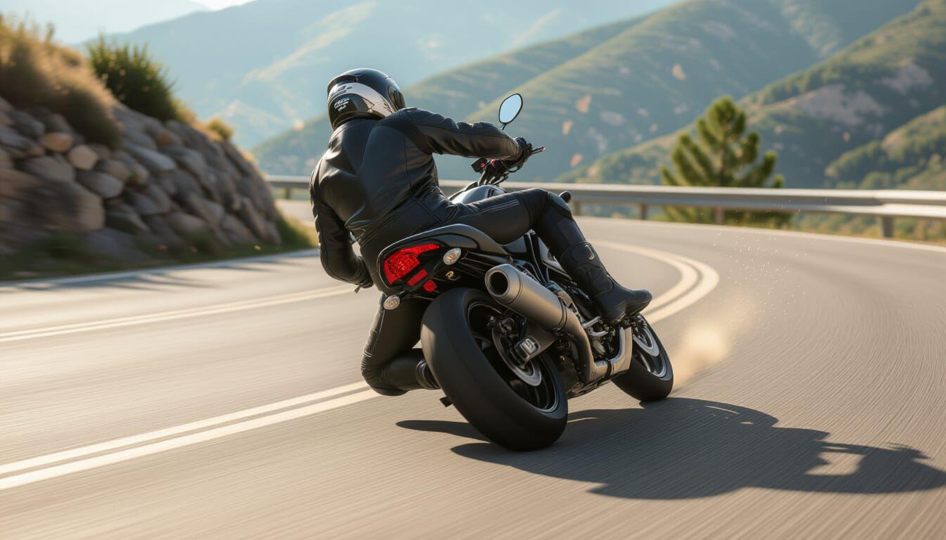 Motorcycle Rider Leaning on Mountain Road Curve