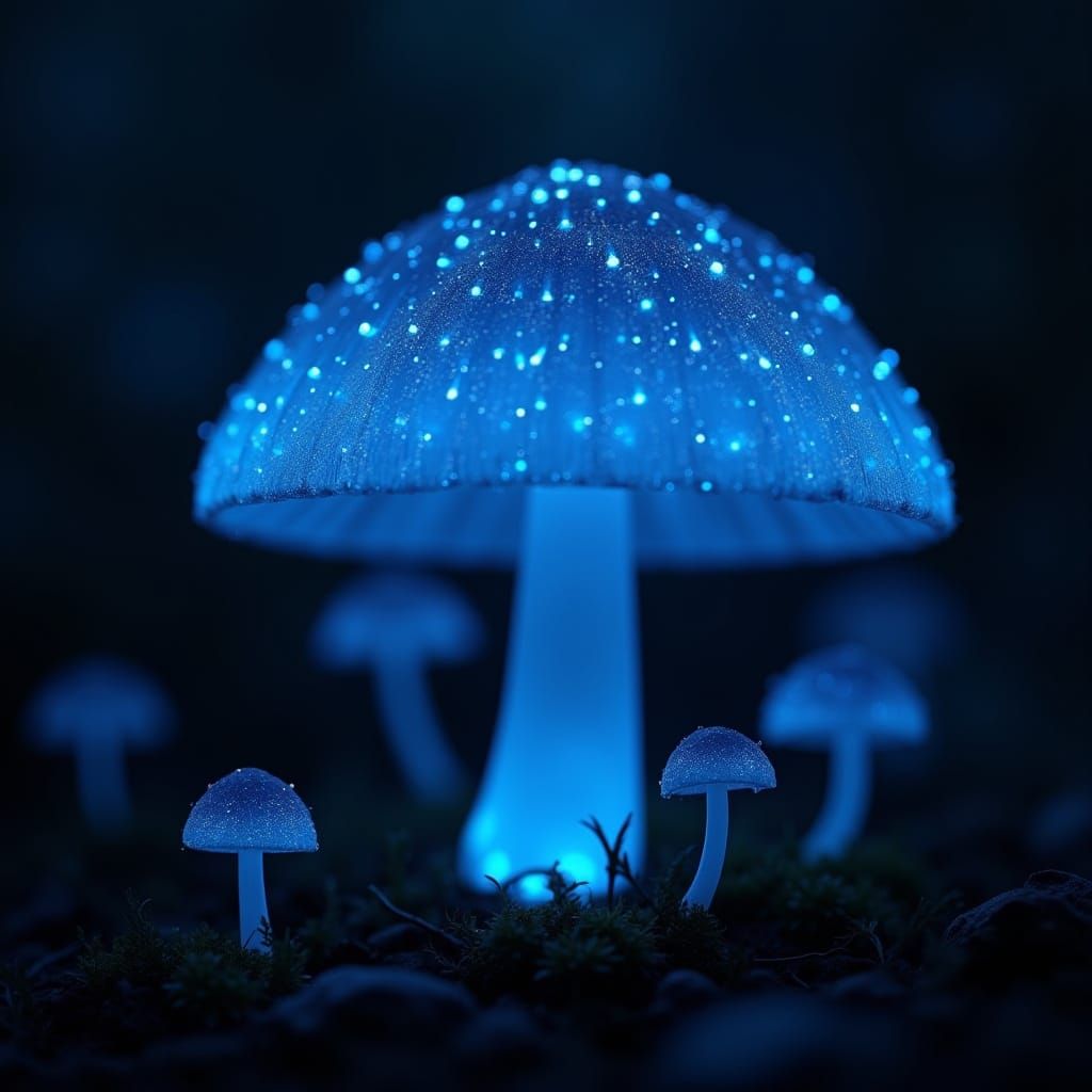 Bioluminescent Mushroom in a Shadowy Forest, Hyper-Realistic...