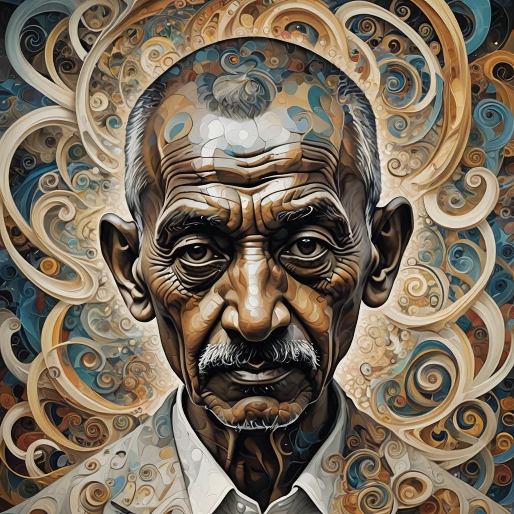an amazingly surreal abstract portrait of Ghandi. Lots of tw...