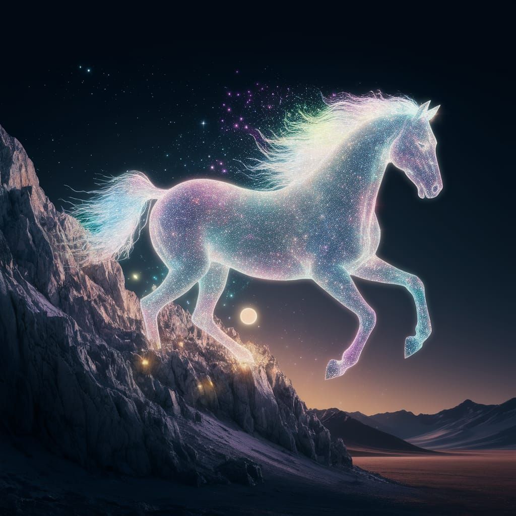 Luminous Holographic Horse Erupts from Cliffside in Ethereal...
