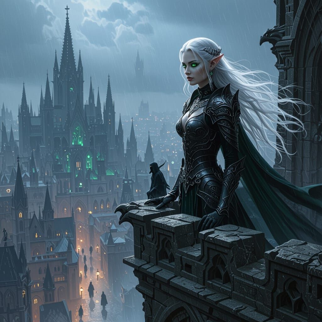 Regal Elf Maiden in Obsidian Armor Overlooking Gothic City
