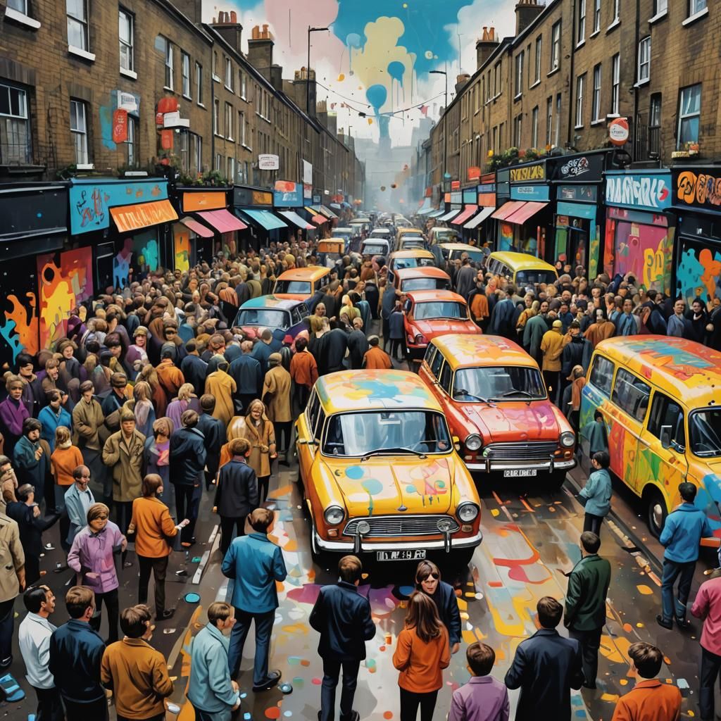 Groovy 60s London Street Party in Street Art Style