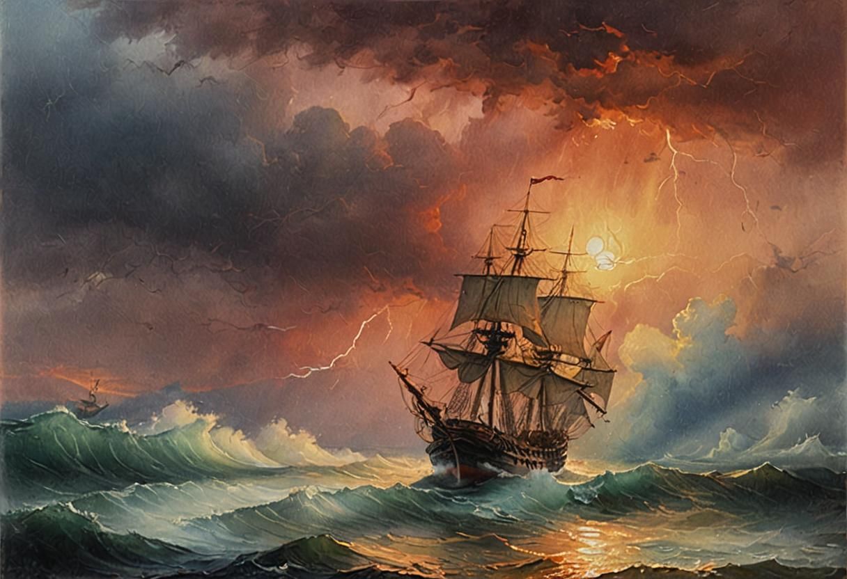 Galleon in Stormy Seas: A Watercolor Painting