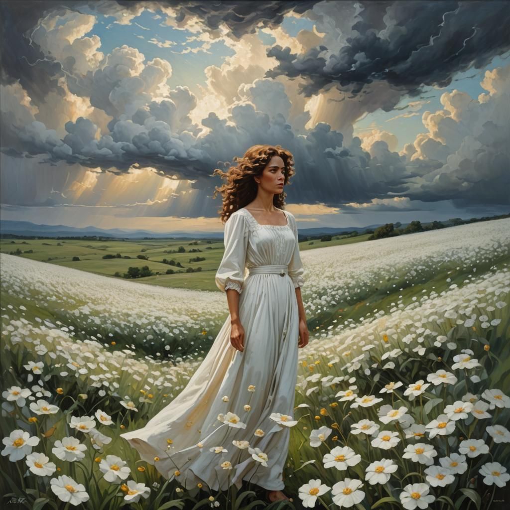 Woman in White Dress in Surreal Flower Field
