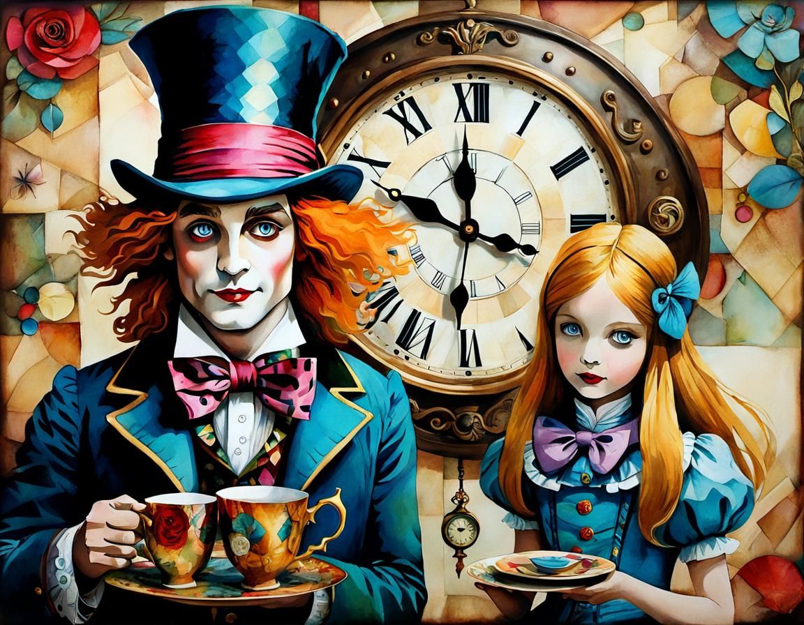 Alice in Wonderland Tea Party, Whimsical Alcohol Ink Art