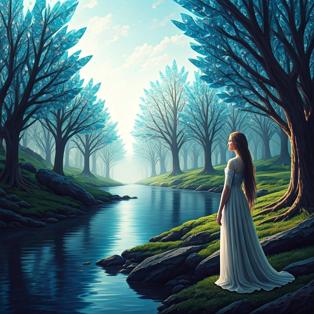 Ethereal Woman in Crystal Forest by Sapphire River