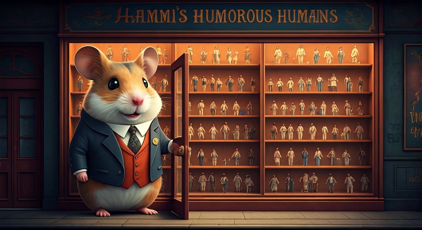 Dapper Hamster Shopkeeper Displays Whimsical Human Figures