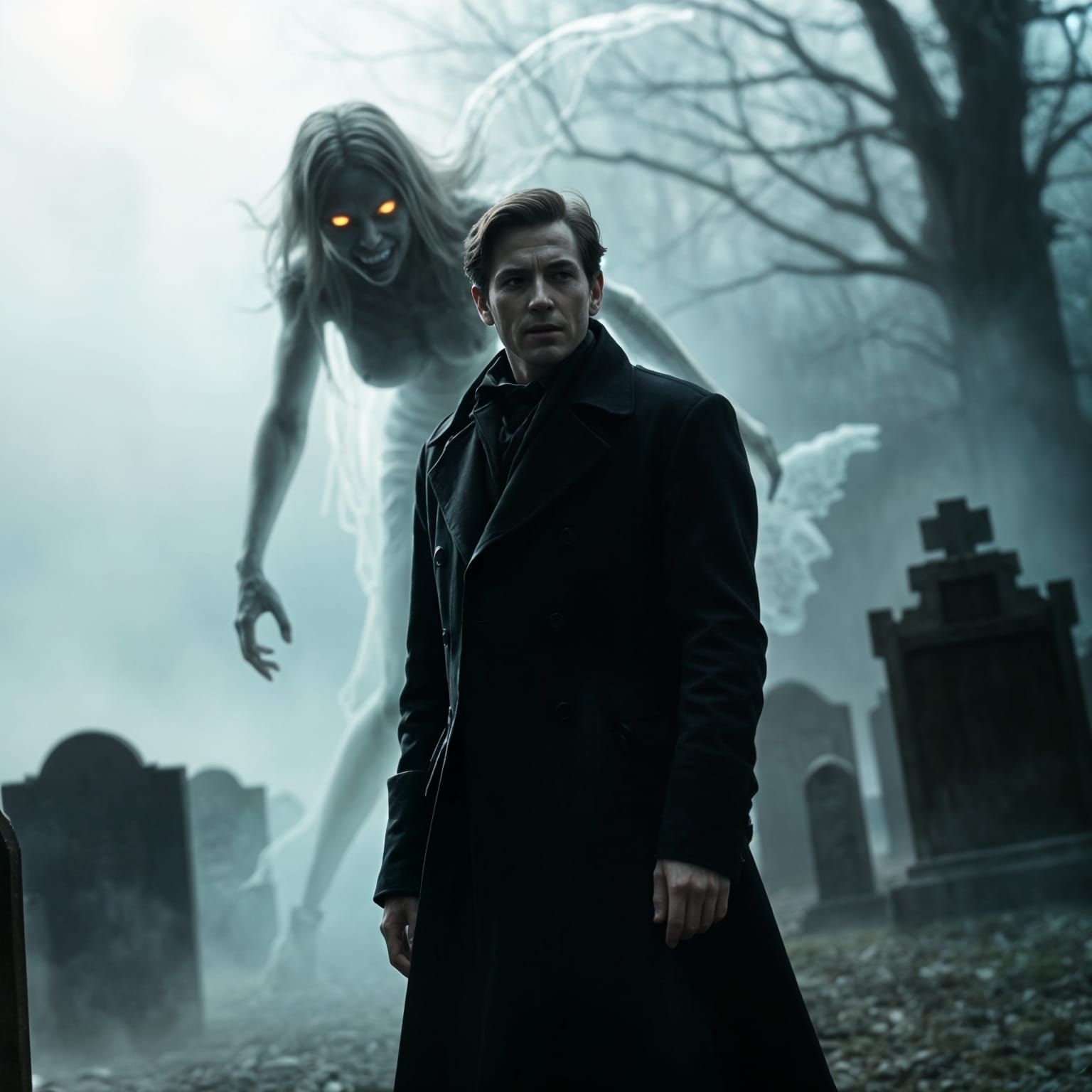 Ghostly Apparition in a Haunting Cemetery Scene