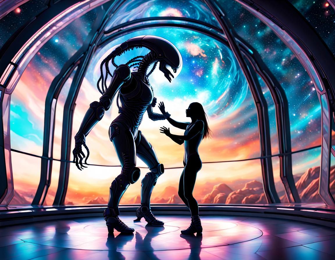 Astronaut and Xenomorph Tango: Holographic Illustration