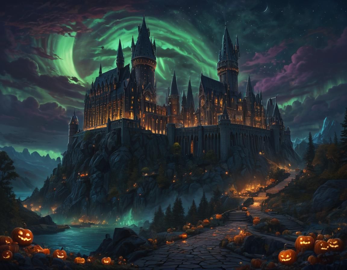 Hogwarts Castle Halloween Night Under Aurora Borealis