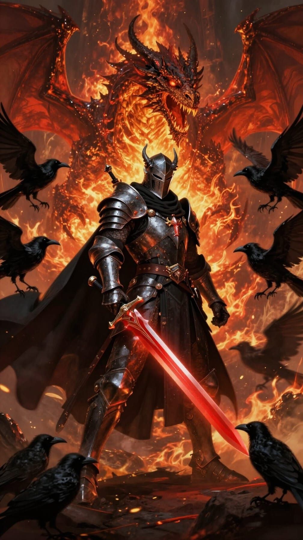 Dragonic Knight Battles Inferno Dragon in Dark Fantasy Art