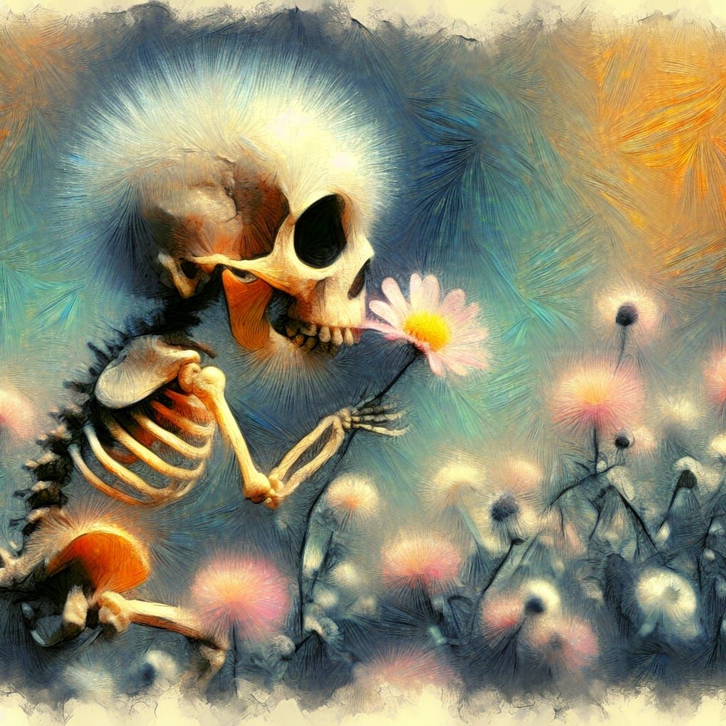 Fuzzy Skeleton Smelling Flower in Post-Impressionist Style