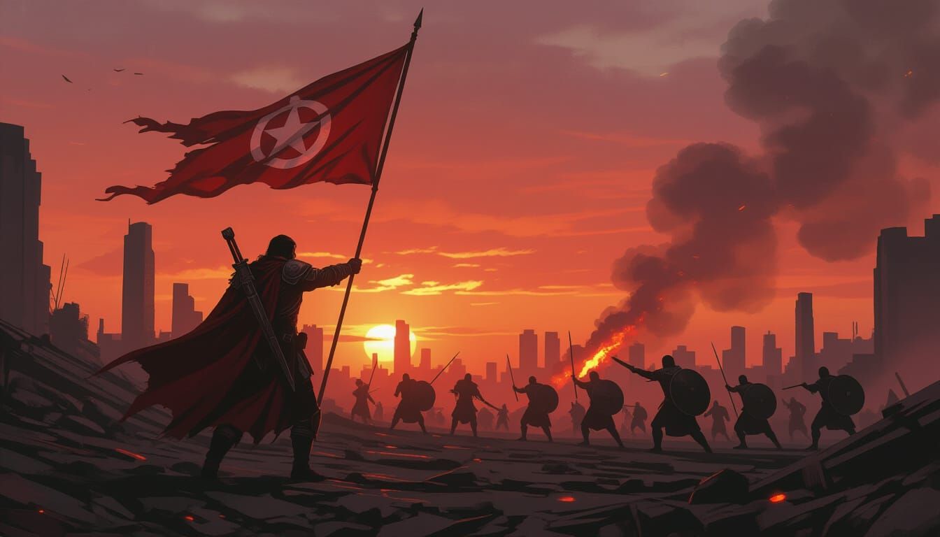 Crimson Twilight Battlefield: Warlord Leads Warriors in Ruin...