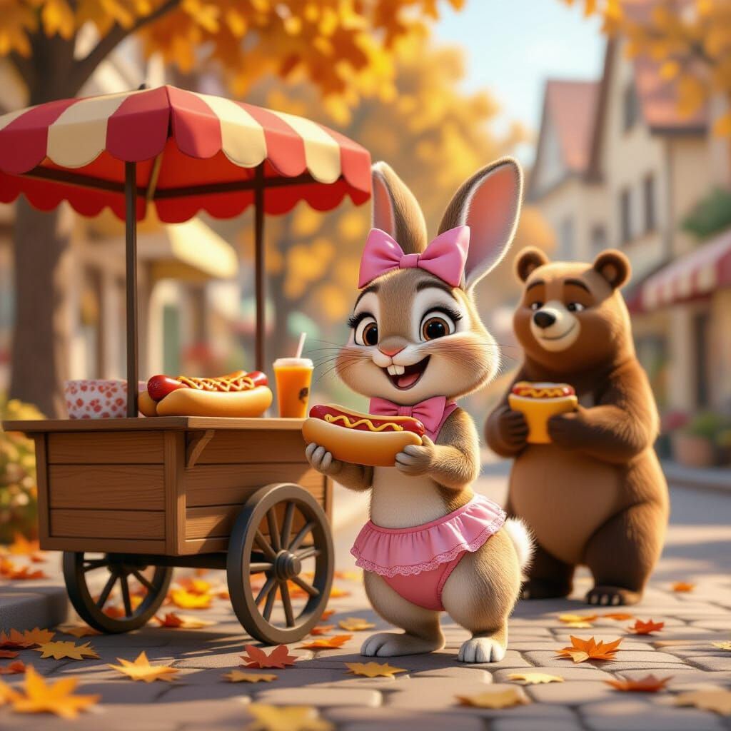 Adorable Rabbit with Hot Dog Cart in Cozy Autumn Scene