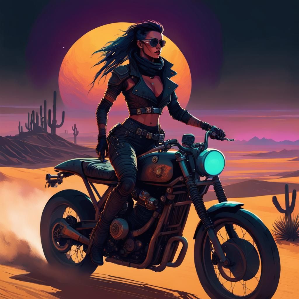 Cyberpunk Girl on Cafe Racer in Desert
