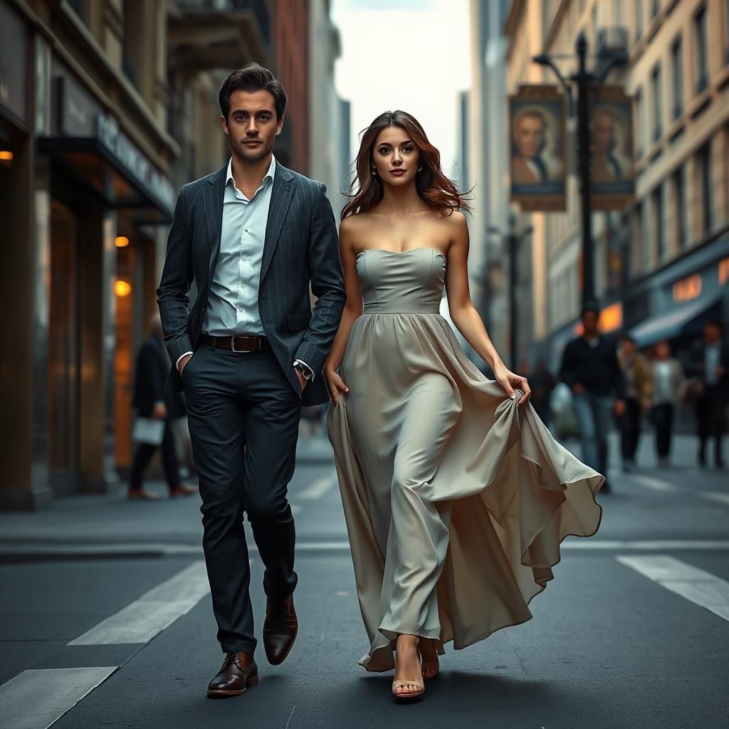 Couple Walks in City Street: A Photorealistic Scene