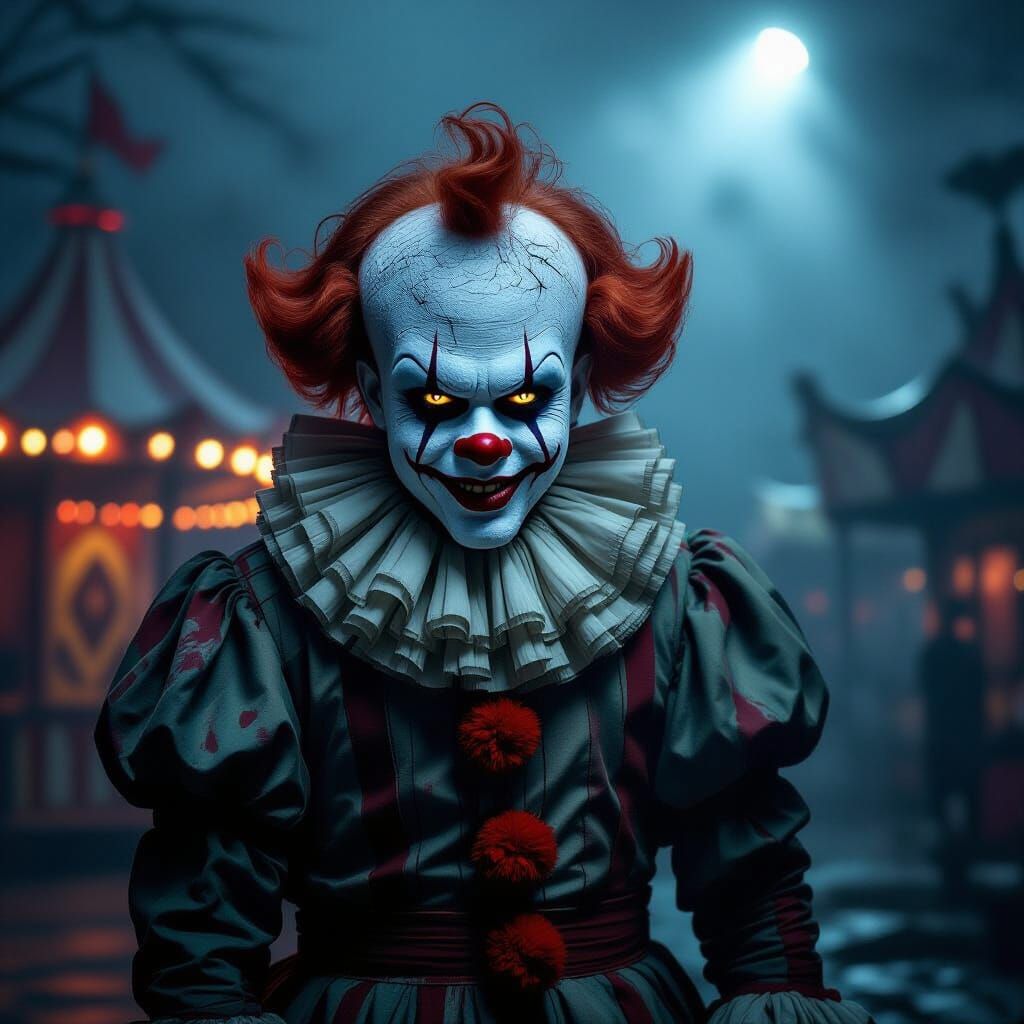 Menacing Clown in Dark Foggy Carnival Spotlight