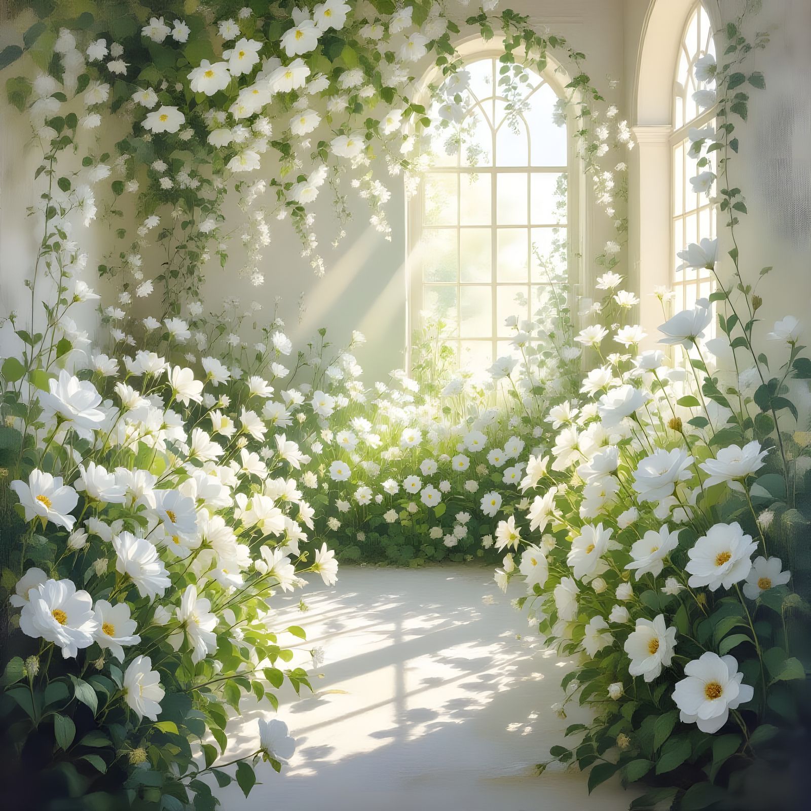 Room Overflowing With Delicate White Flowers in Classical St...