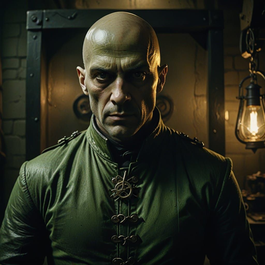 Green-Skinned Man in Guillotine Costume: Hyperrealistic Film...