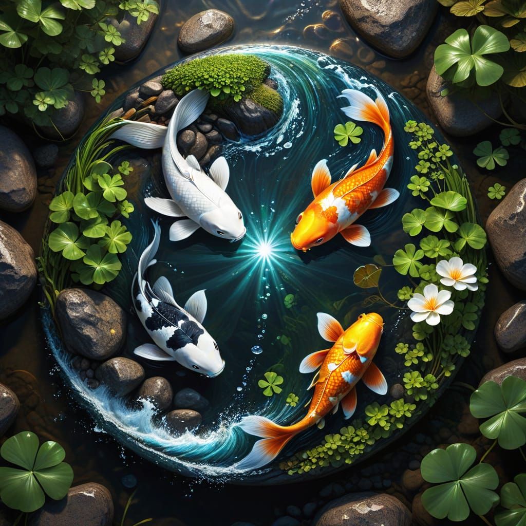 Lucky Four-Leaf Clover and Golden Koi Yin-Yang Illustration