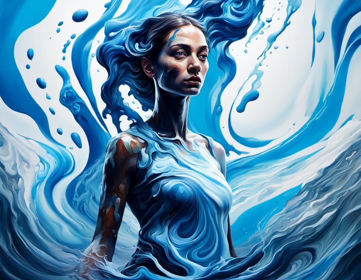 Anthropomorphic Woman in Liquid Marble Fluid Painting