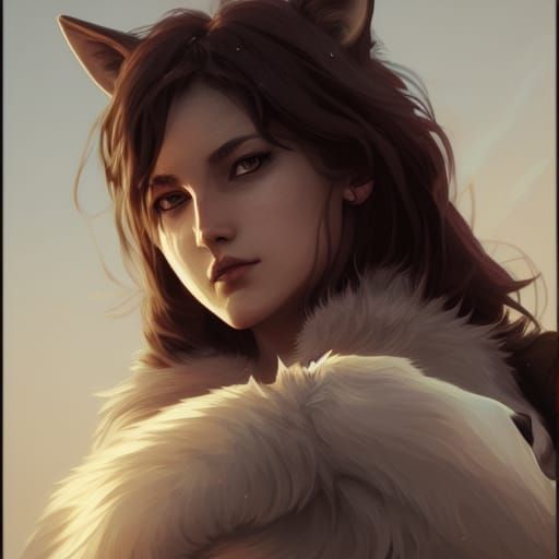 Detailed Wolf Girl Portrait in Art Nouveau Style