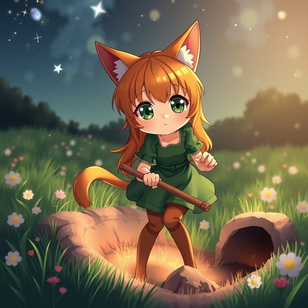 Anime Catgirl Digging Tunnel in Grassy Field