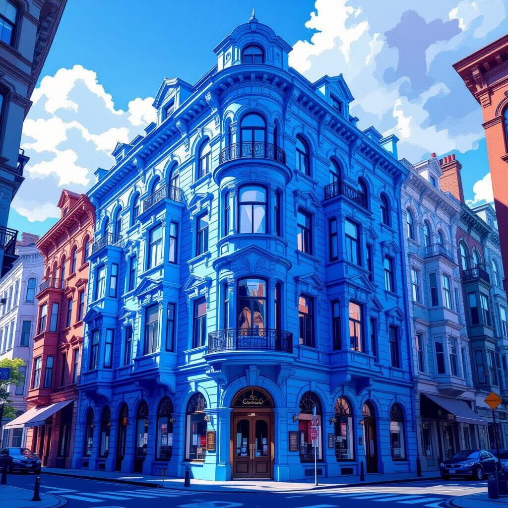 Hyperrealistic Blue Buildings with Dramatic Lighting