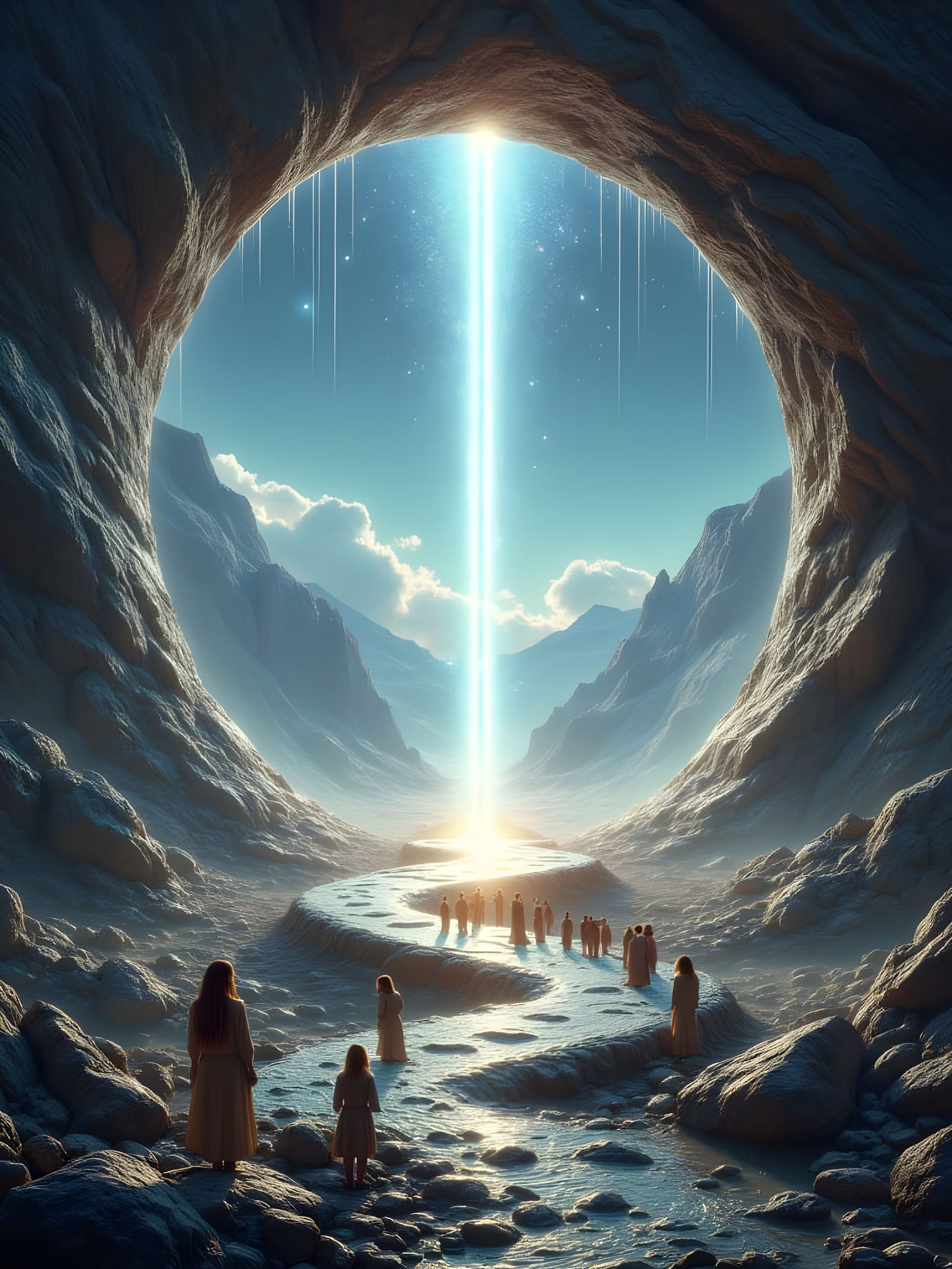 Epic Mountain Time Gate with Radiant Light and Admiring Crow...