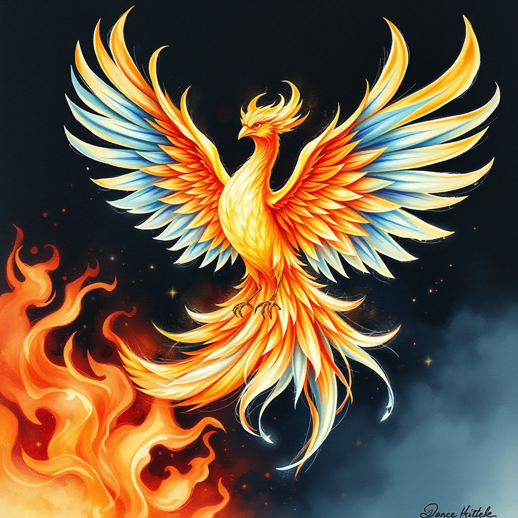 Iridescent Phoenix Leaping from Flames, Watercolor Art