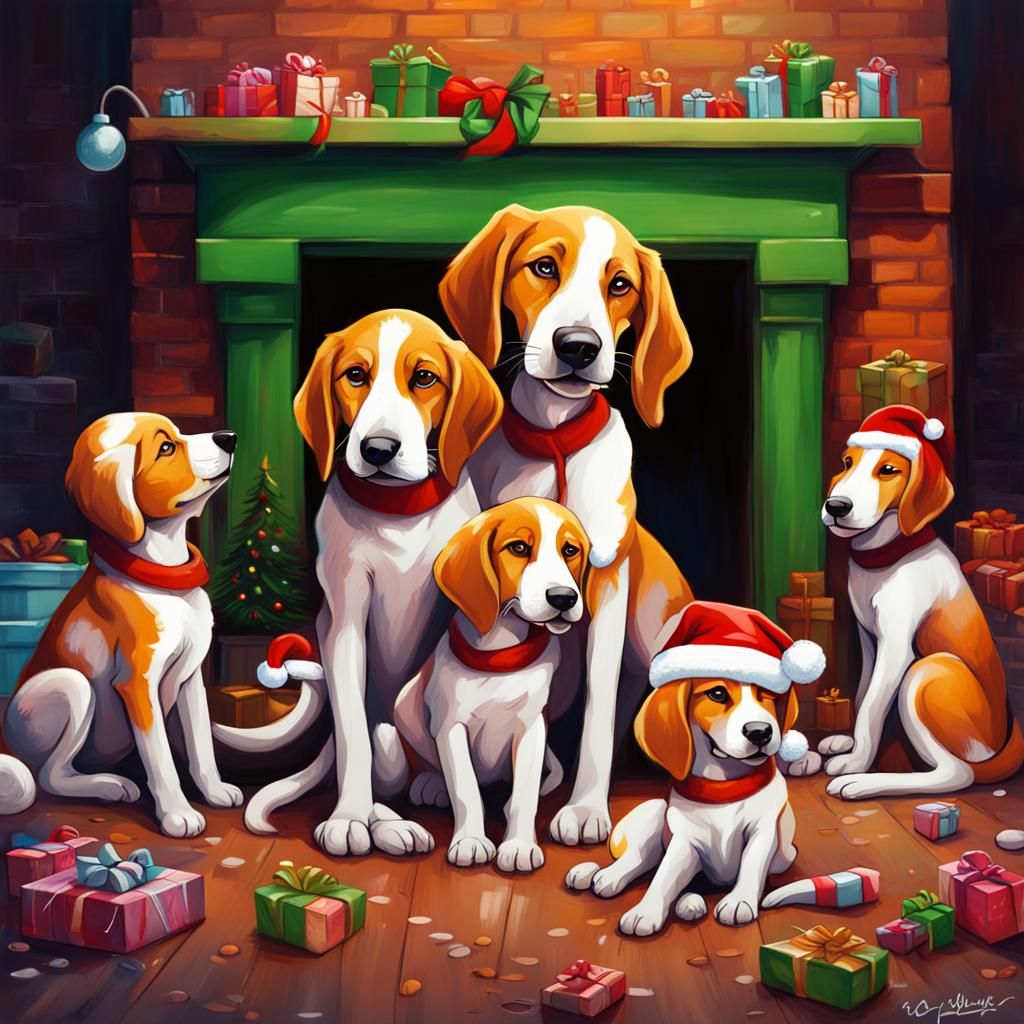 a super cute American Foxhound and his puppies, happy about ...