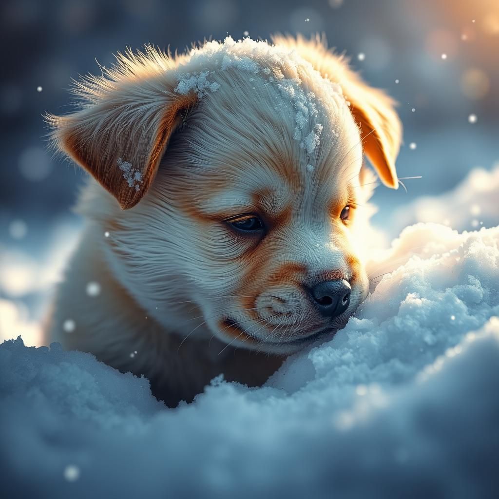 Snowy Puppy Purrs: Hyperrealistic Splash Art